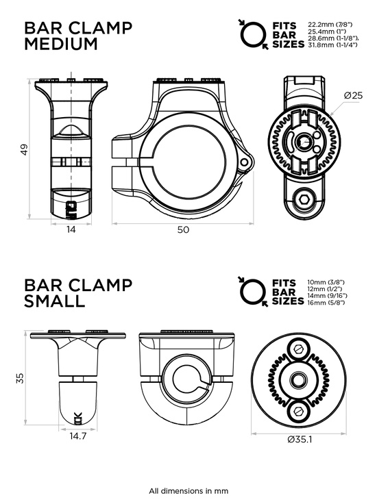 Средний хомут (серия 360) Quad Lock® 360 Base - Bar Clamp Medium